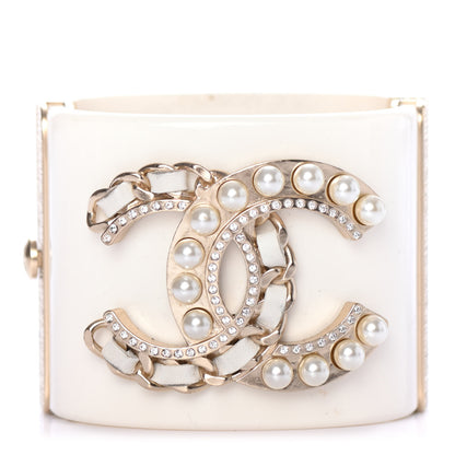 Chanel Resin Crystal Pearl Lambskin CC Cuff White 1 of 5