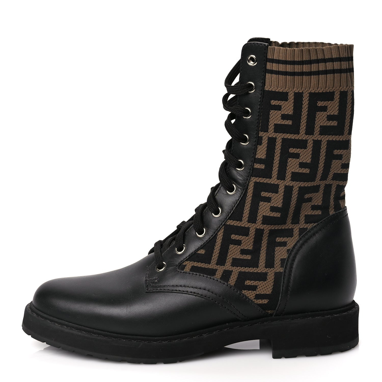 Fendi Calfskin Stretch Fabric FF Rockoko Biker Boots 40.5 Black Tobacco 1 of 6