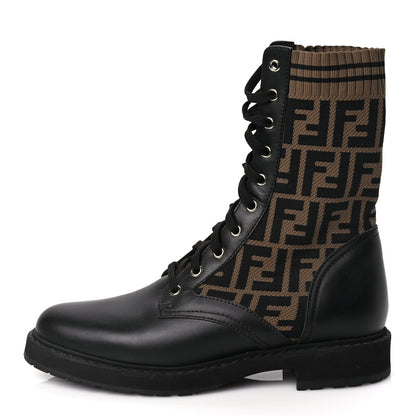 Fendi Calfskin Stretch Fabric FF Rockoko Biker Boots 40.5 Black Tobacco 1 of 6