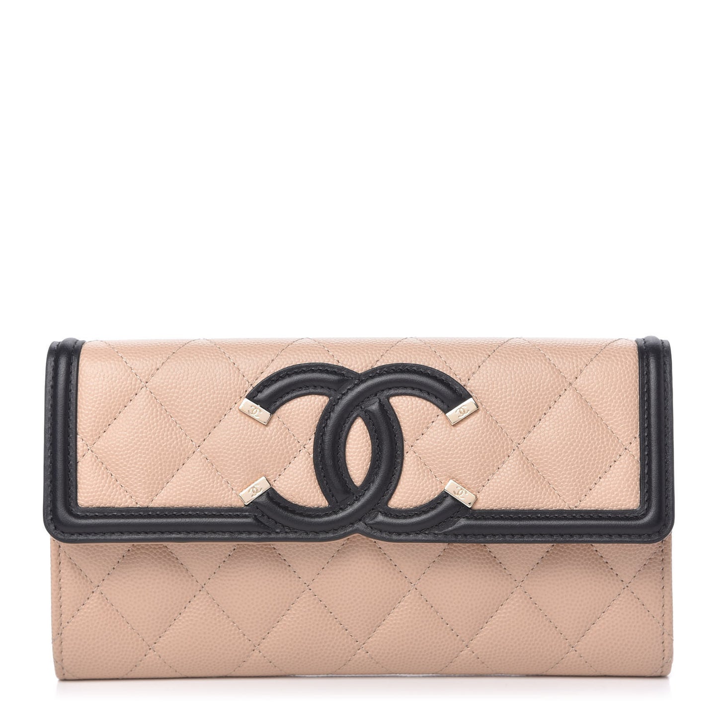 Caviar Quilted Filigree Flap Wallet Beige Black