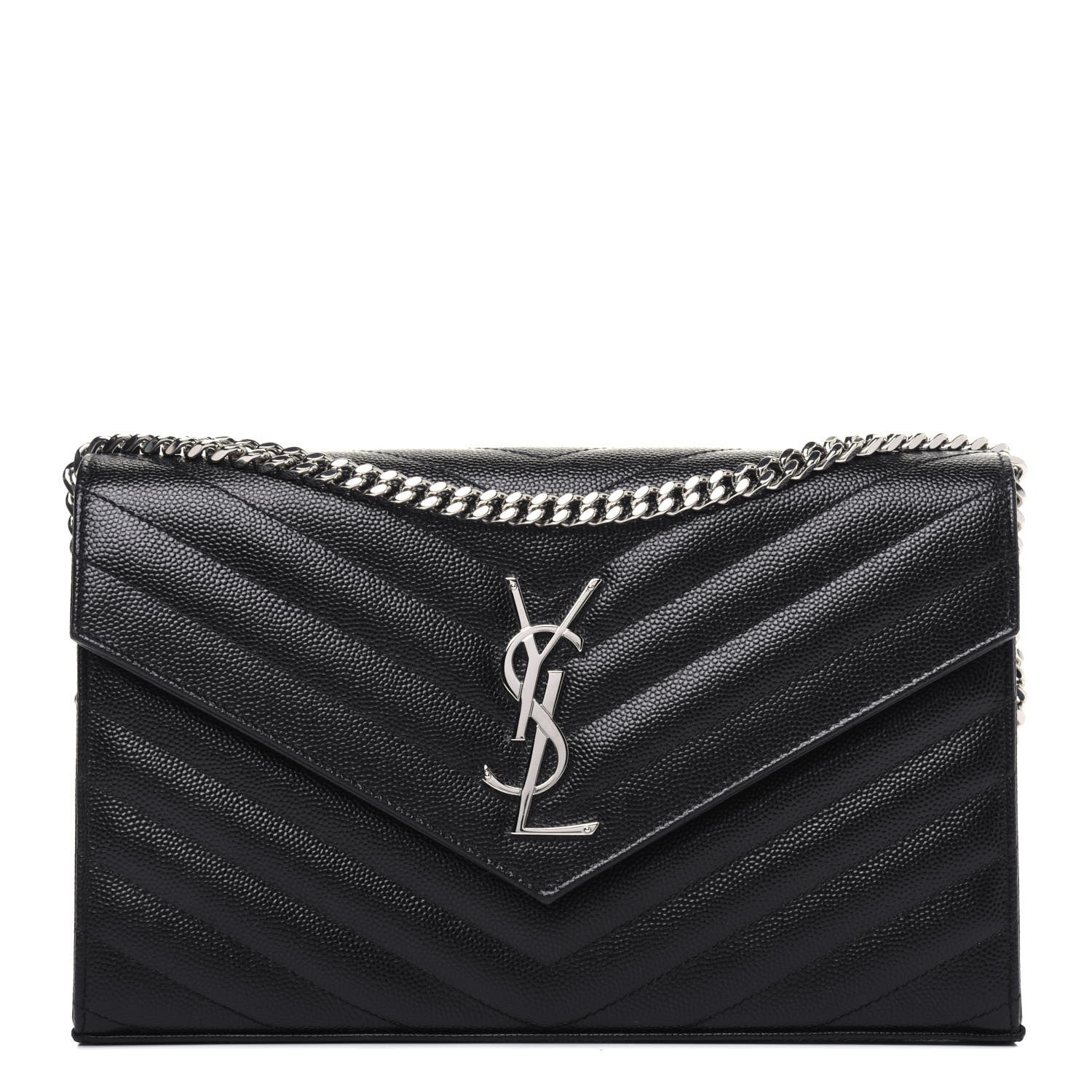 Saint Laurent Grain De Poudre Matelasse Chevron Monogram Chain Wallet Black 1 of 11
