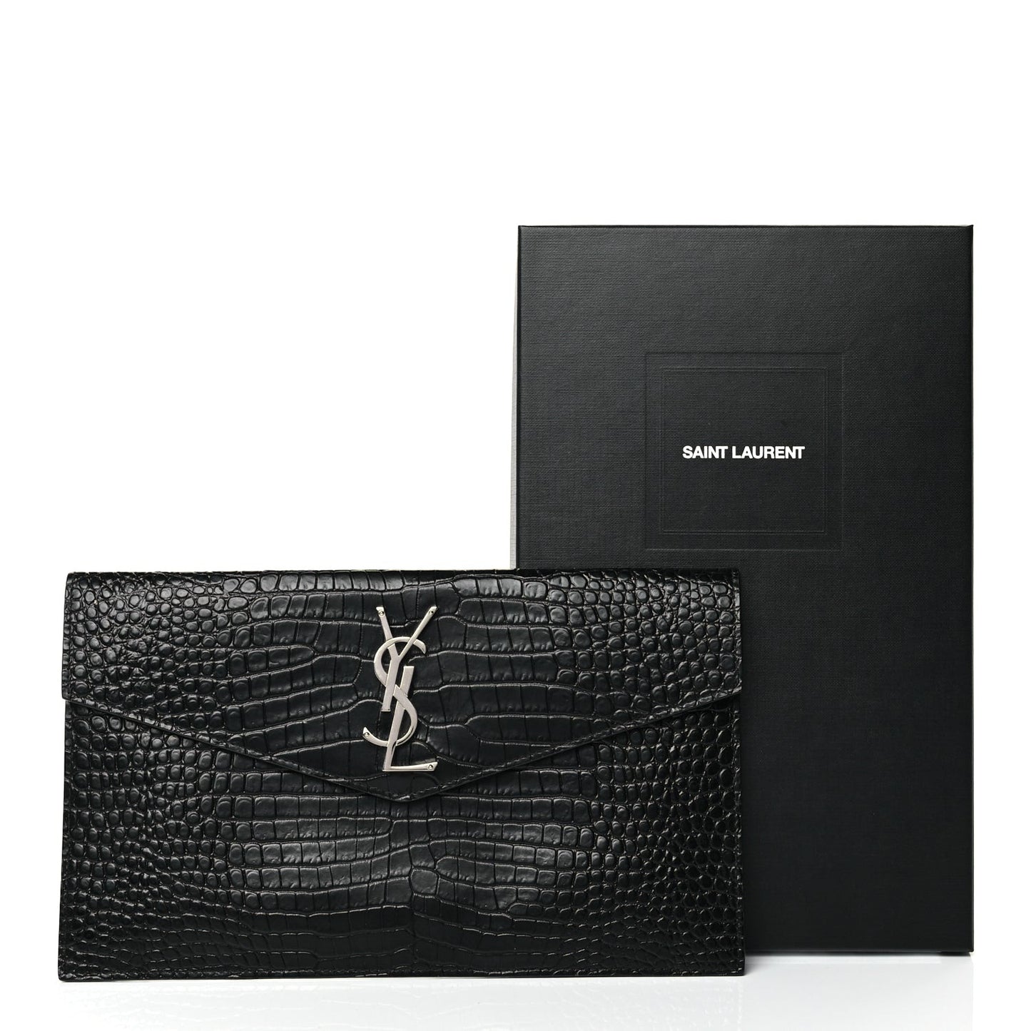 Calfskin Crocodile Embossed Uptown Monogram Clutch Black