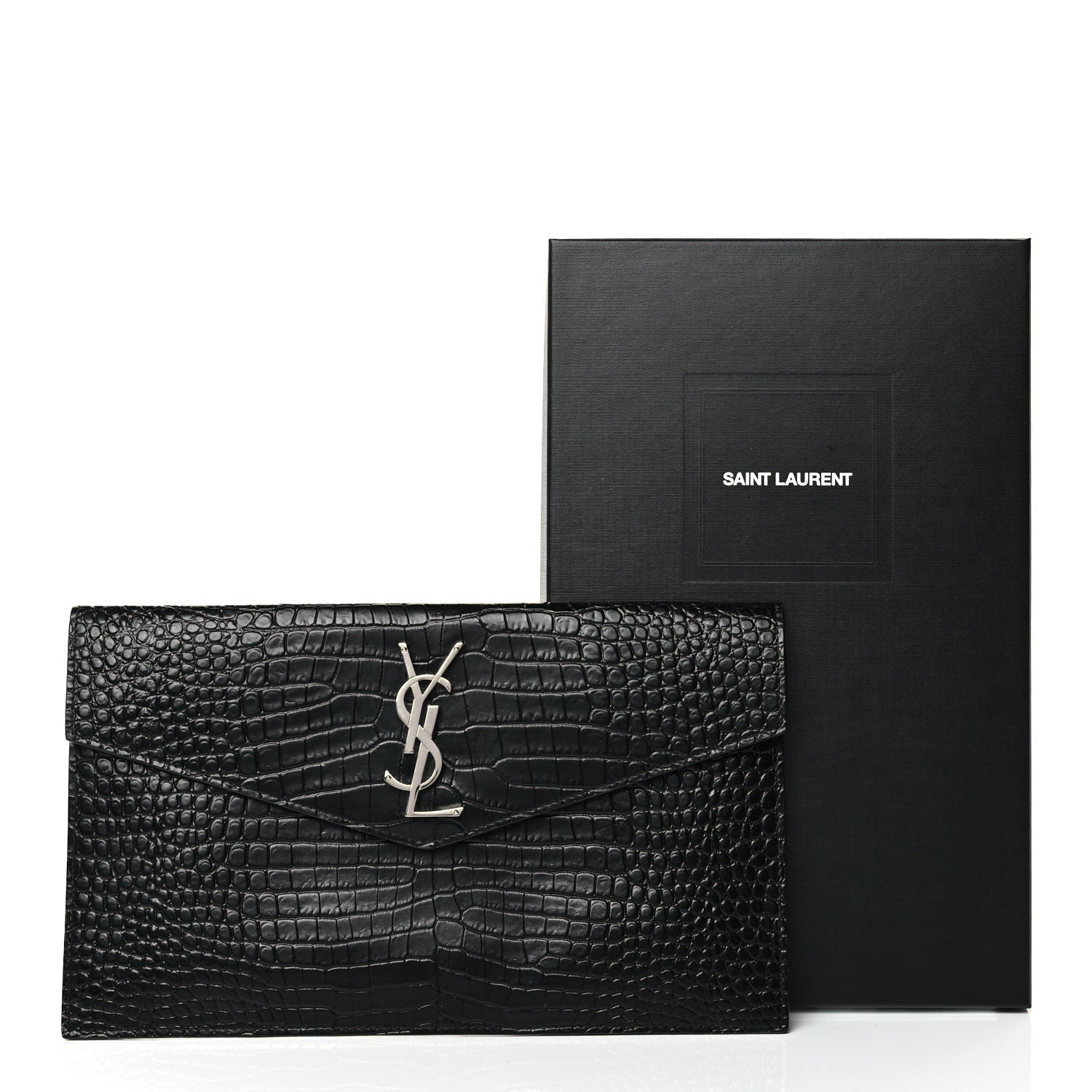 Saint Laurent Calfskin Crocodile Embossed Uptown Monogram Clutch Black 9 of 9