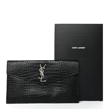 Saint Laurent Calfskin Crocodile Embossed Uptown Monogram Clutch Black 9 of 9