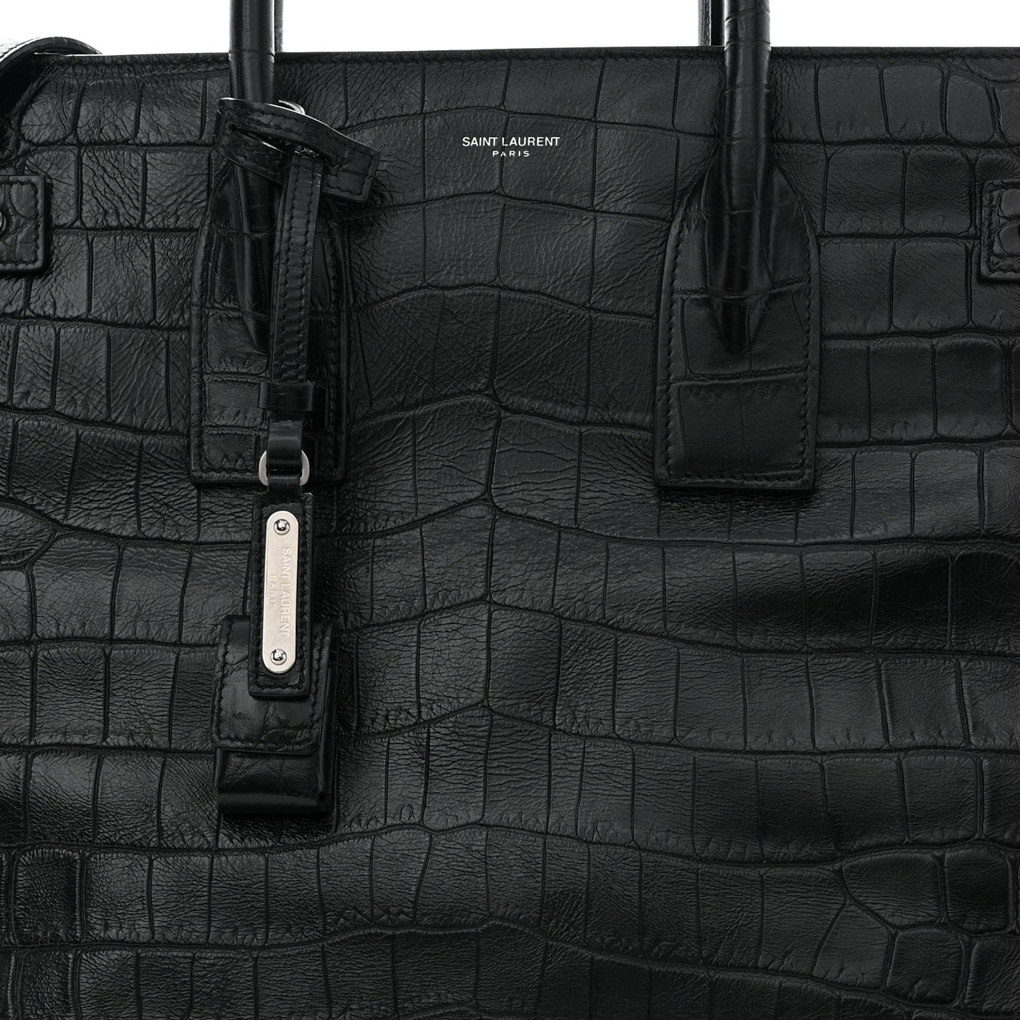 SAINT LAURENT Calfskin Crocodile Embossed Large Thin Sac De Jour Black