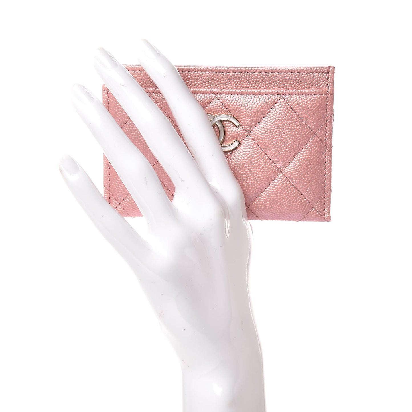 Iridescent Caviar Quilted Card Holder Pink
