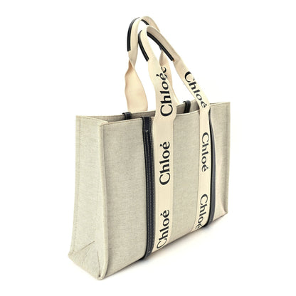 Chloe Cotton Calfskin Large Woody Ribbon Tote  White Blue 2 of 8