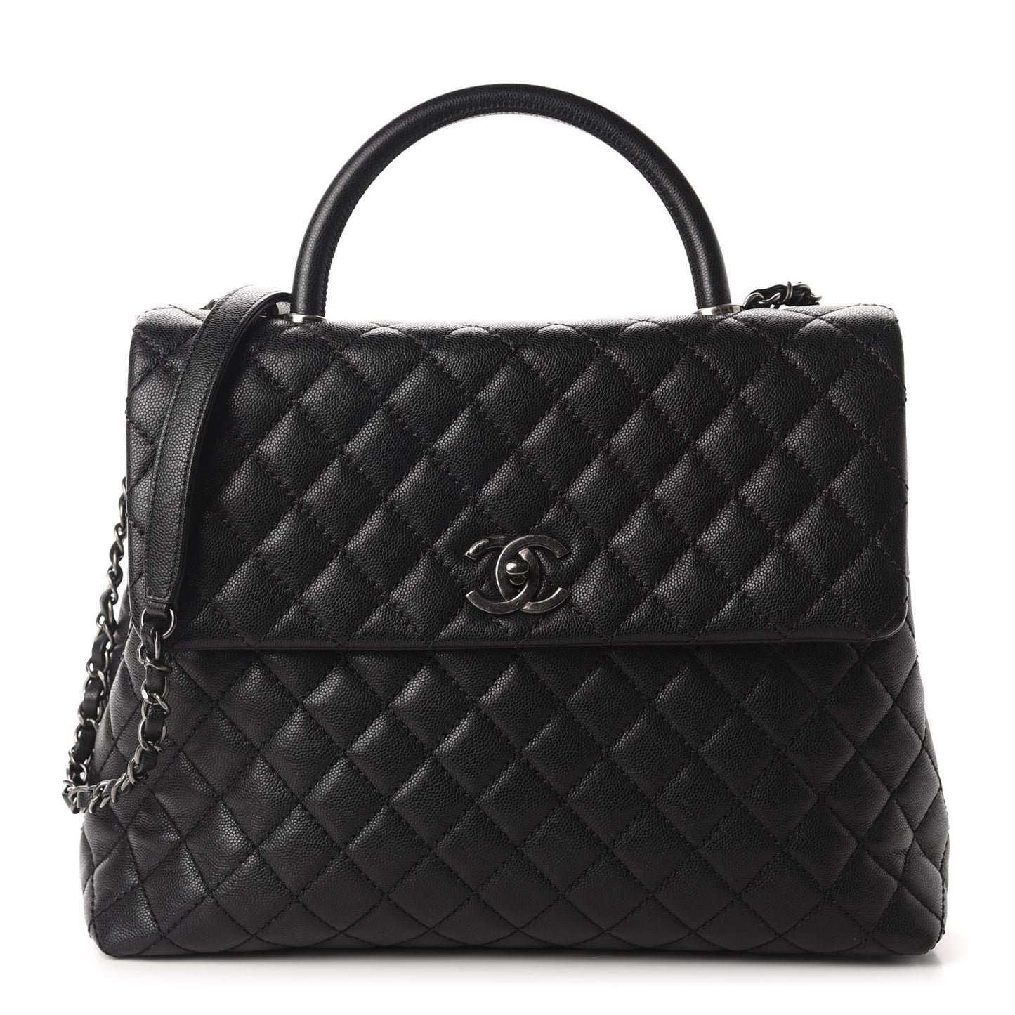 Caviar Quilted Large Coco Handle Flap Black
