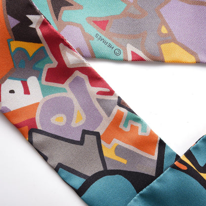 Hermes Silk Graff Graffiti Twilly Gris Blueete Mauve Jaune D'or 4 of 5
