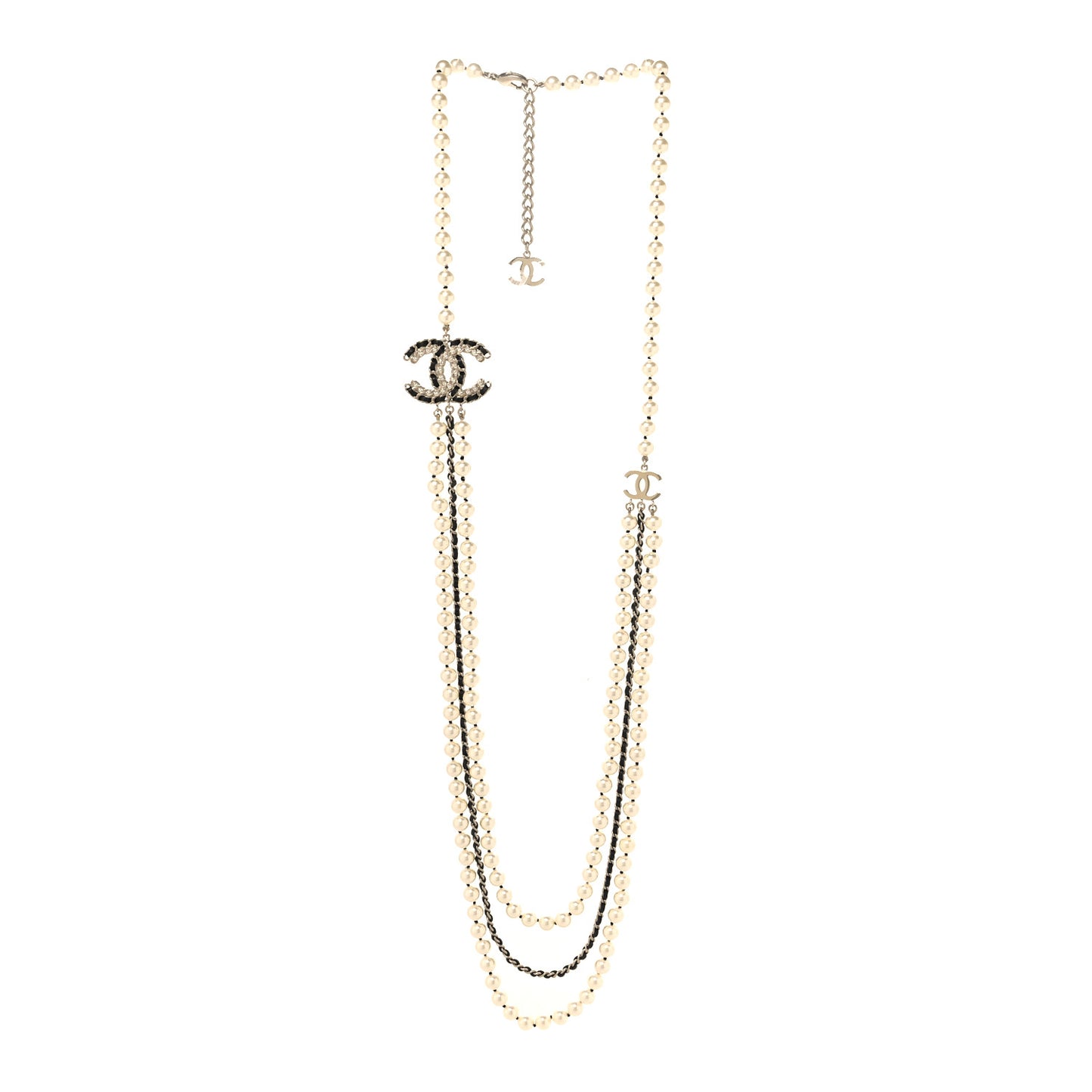 Lambskin Pearl Crystal CC Multi Strand Necklace Black Gold