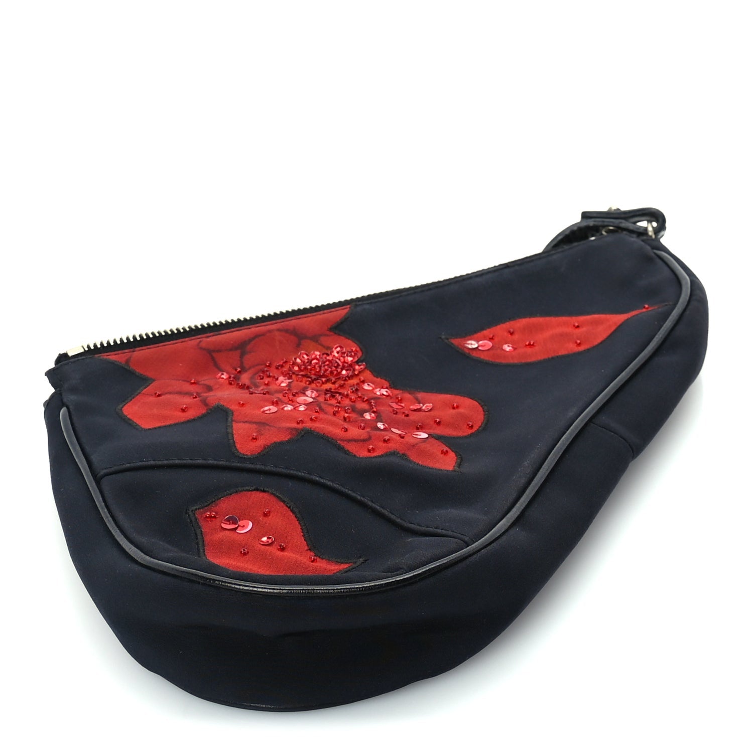 Christian Dior Canvas Stitched Flower Sequins Mini Saddle Pochette Black Red 3 of 8