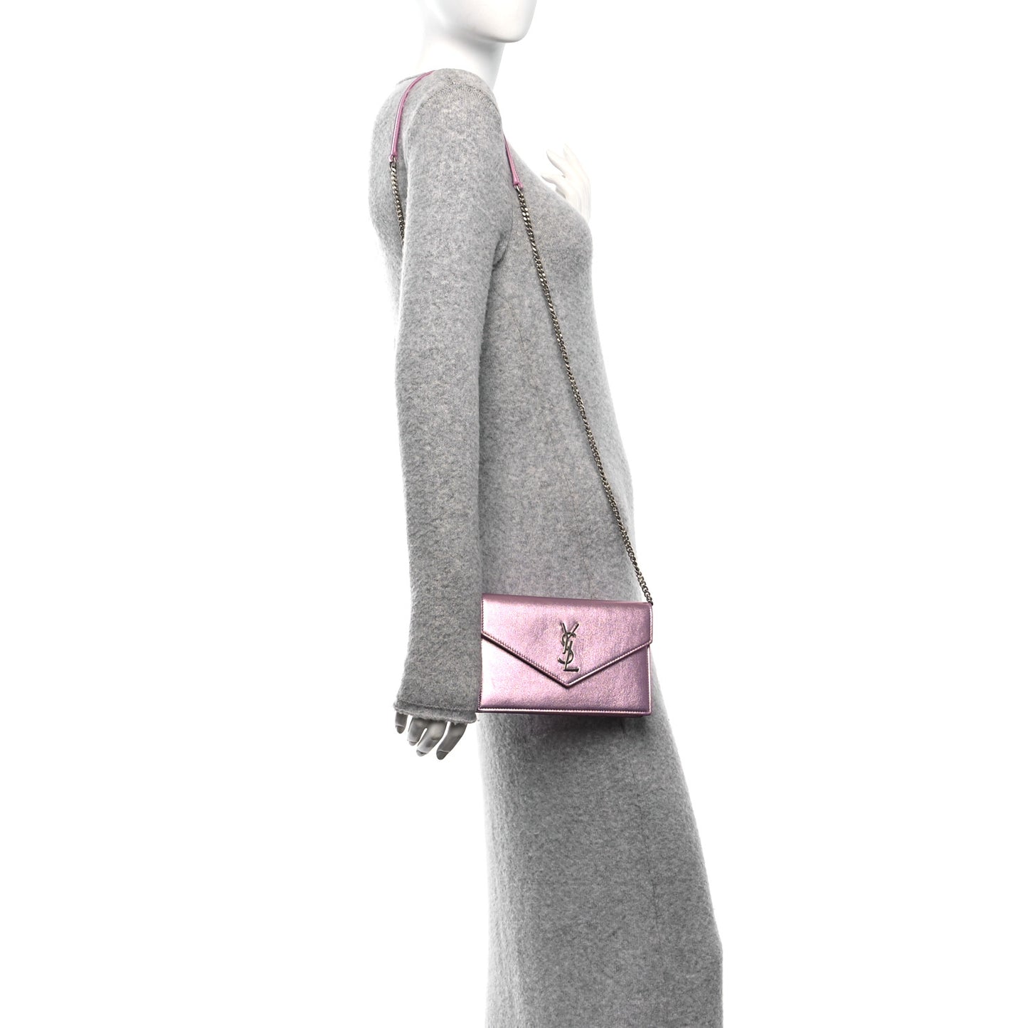 Metallic Calfskin Monogram Envelope Chain Wallet Pink