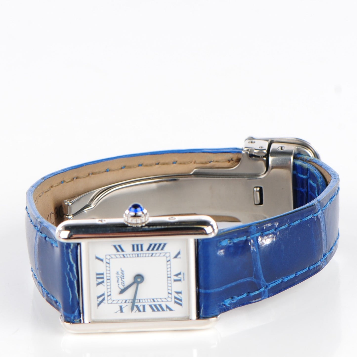 Sterling Silver Alligator 20mm Must de Cartier Tank Quartz Watch Blue