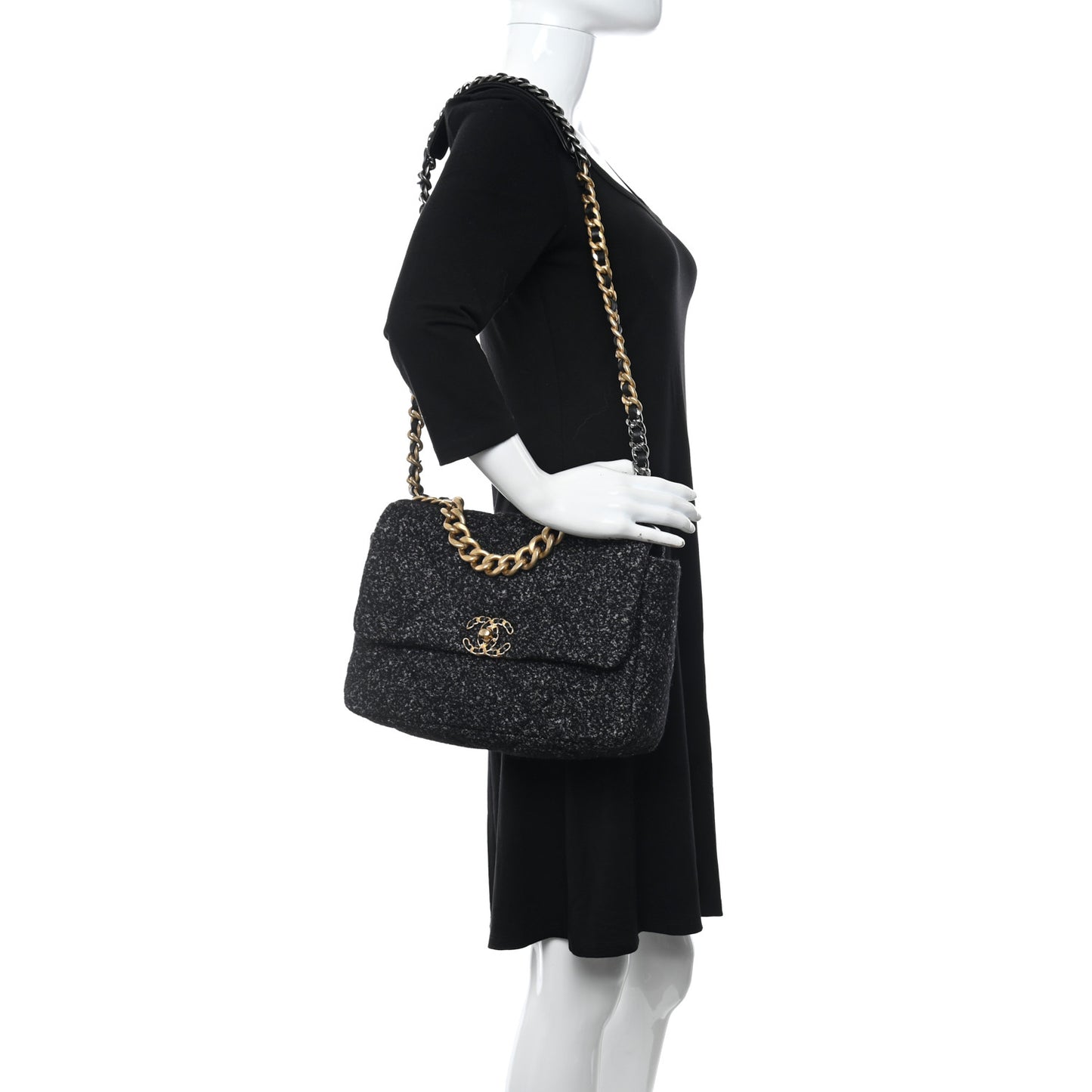 Tweed Quilted Large Chanel 19 Flap Black Grey