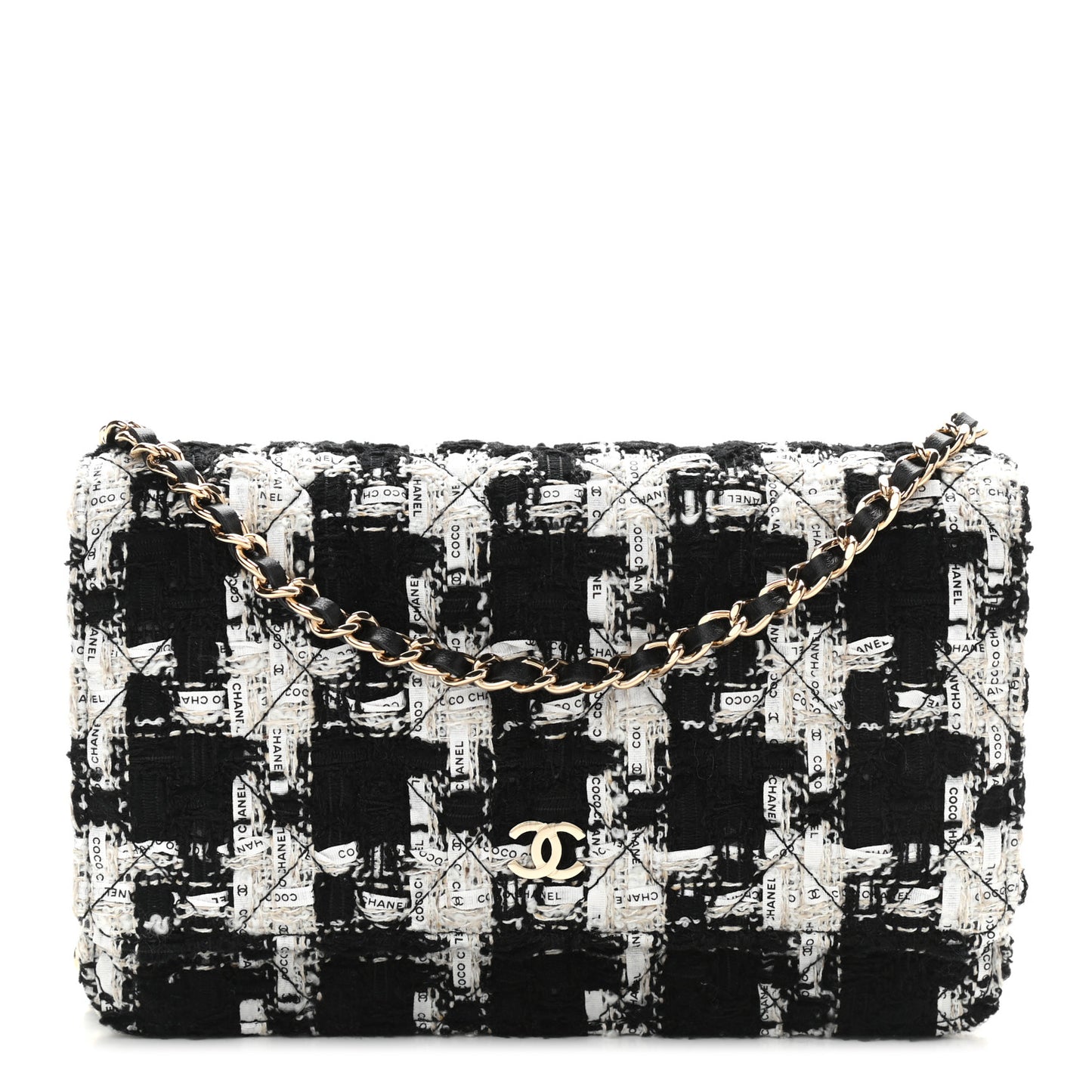 Tweed Quilted Wallet On Chain WOC Black Ecru White
