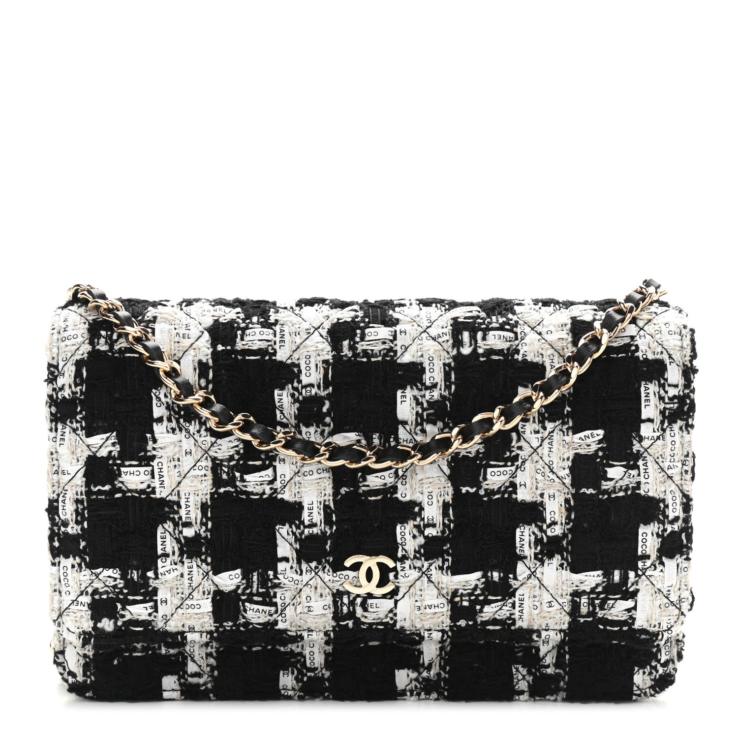 Chanel Tweed Quilted Wallet On Chain WOC Black Ecru White 1 of 11