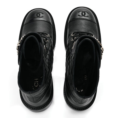Chanel Shiny Goatskin Calfskin Quilted Lace Up Combat Boots 40 Black 5 of 8