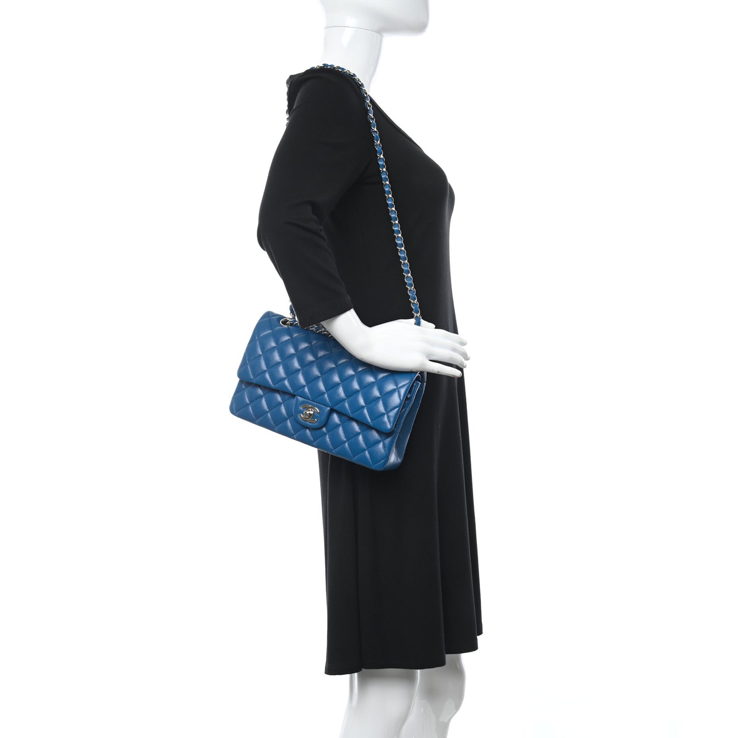 Caviar Quilted Medium Double Flap Blue