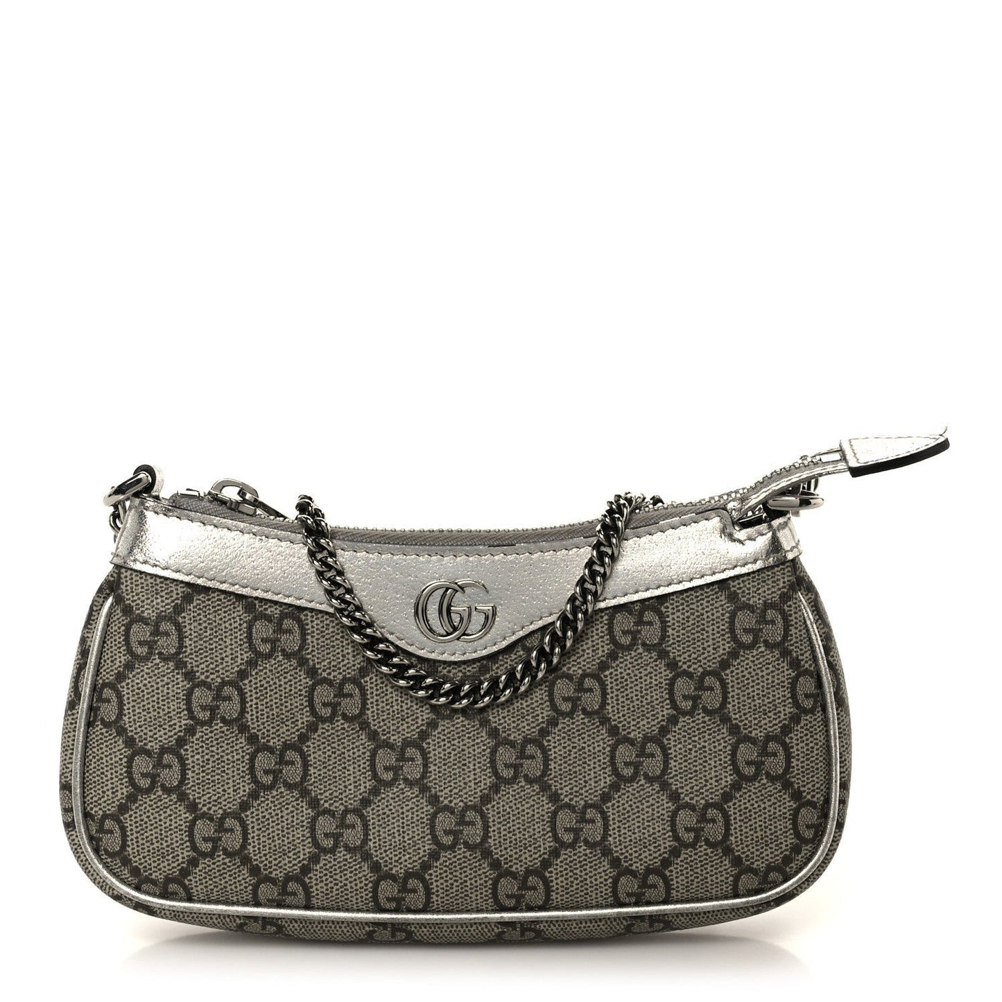 GG Supreme Monogram Lame Textured Dollar Calfskin Mini Ophidia Chain Bag Beige Ebony Silver