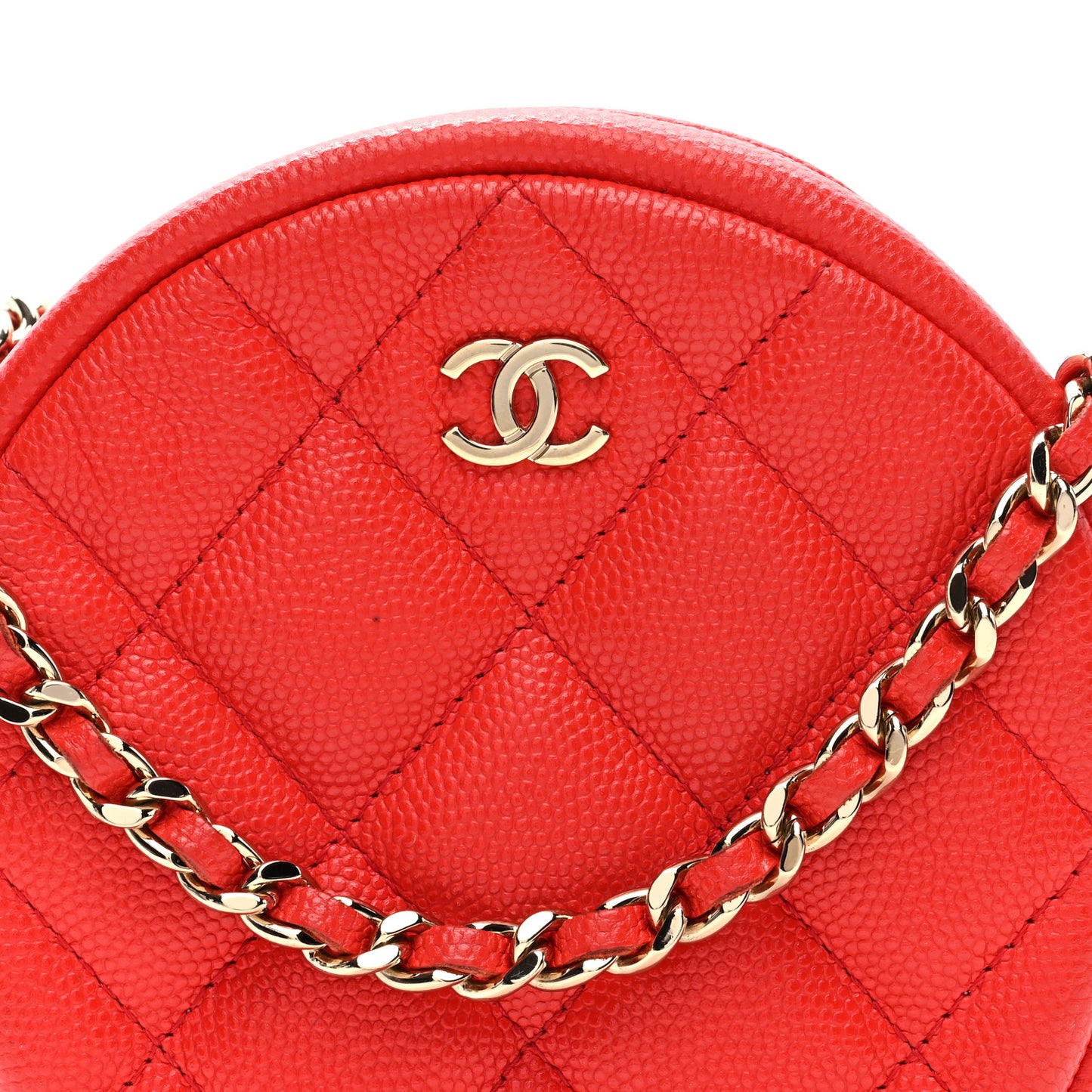 Caviar Quilted Round Clutch With Chain Red