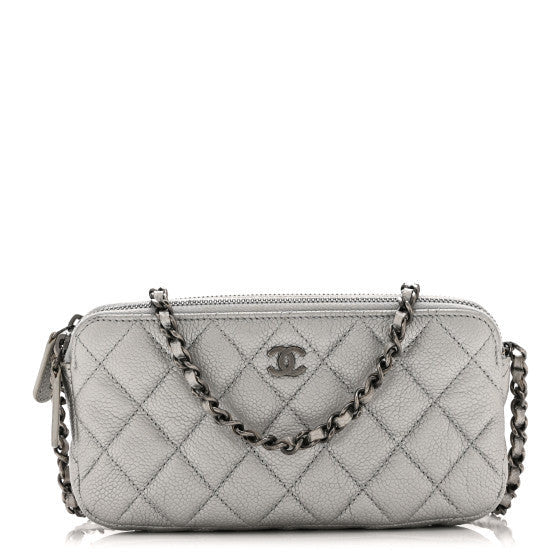 Metallic Caviar Quilted Small Clutch With Chain Silver