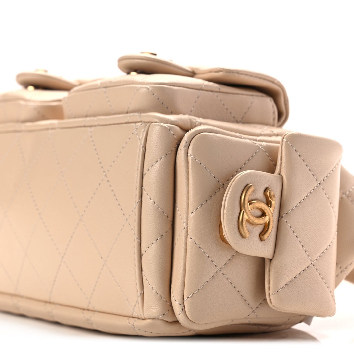 Shiny Lambskin Quilted Trendy Pockets Hobo Beige