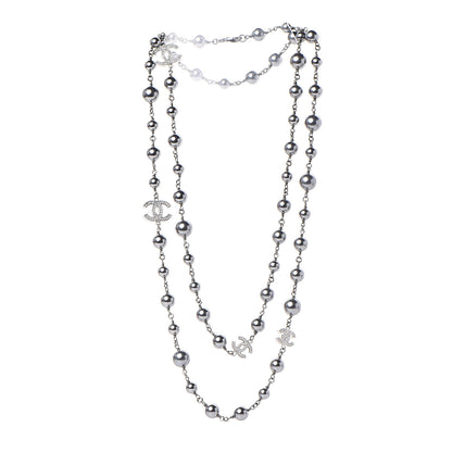 Chanel Crystal Pearl Beaded CC Long Necklace Ruthenium 3 of 6