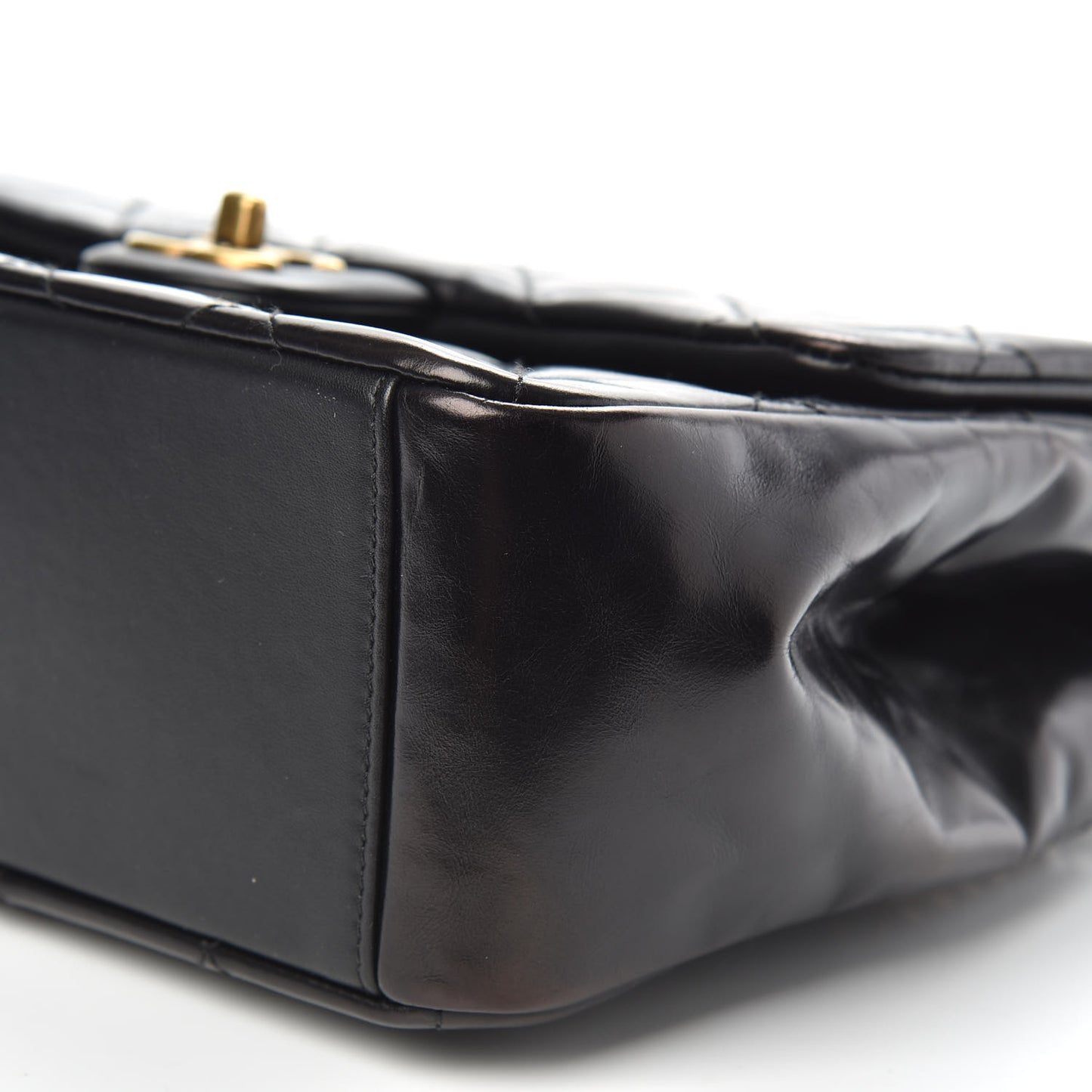 Glazed Calfskin Quilted Medium Gold Bar Top Handle Flap Black