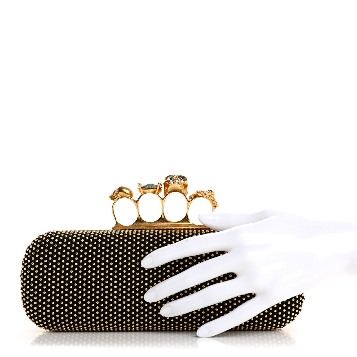 Suede Studded Skull Knuckle Box Clutch Black Gold
