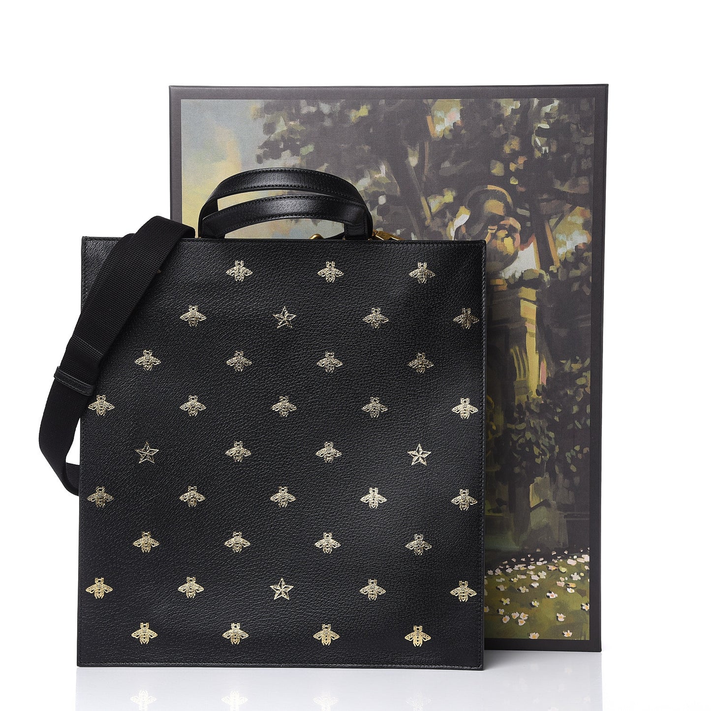 Grained Calfskin Bee Star Vertical Tote Black