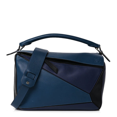 Calfskin Colorblock Medium Puzzle Bag Blue