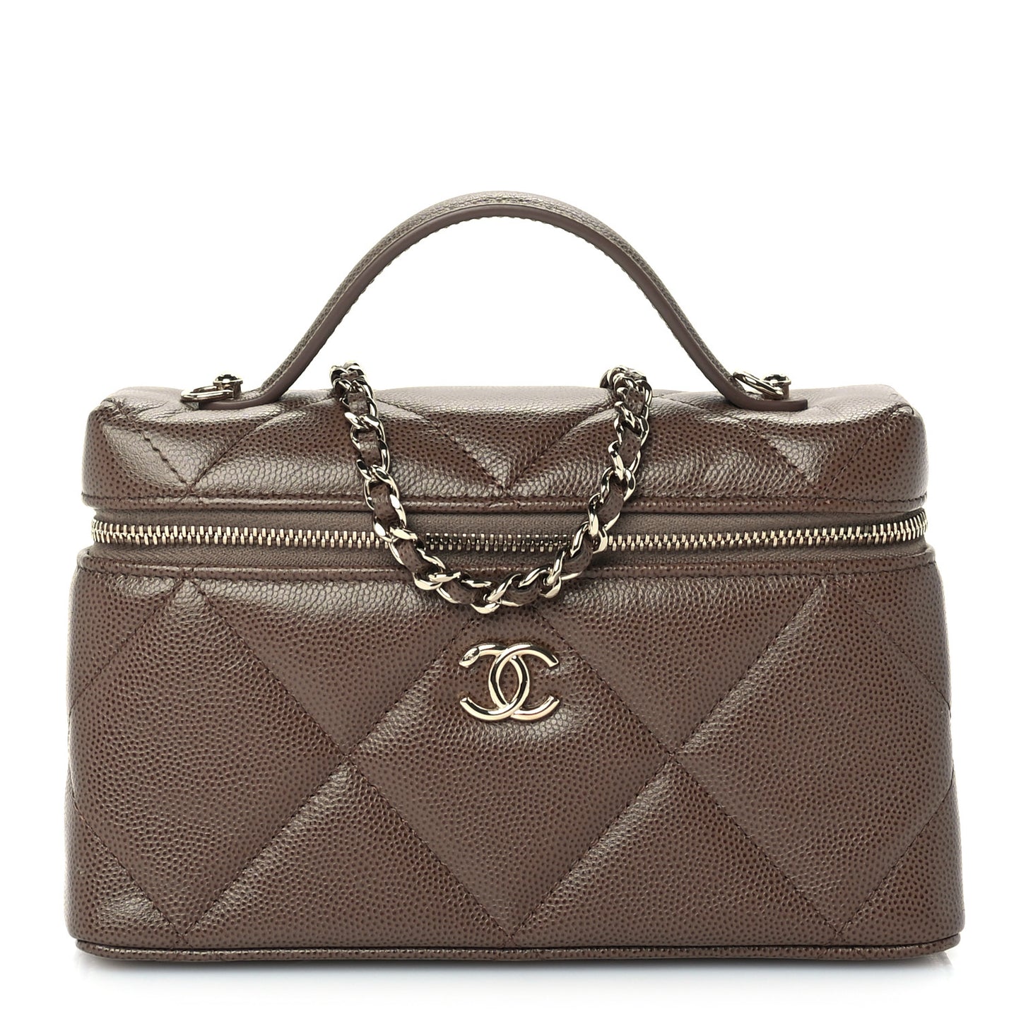 Caviar Quilted Top Handle Slim Vanity With Chain  Light Brown