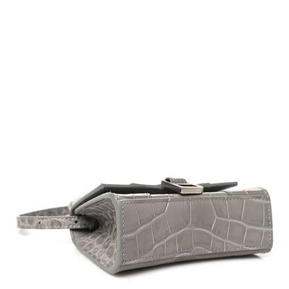 Balenciaga Shiny Calfskin Crocodile Embossed Hourglass Top Handle Bag Mini Steel Grey 4 of 7