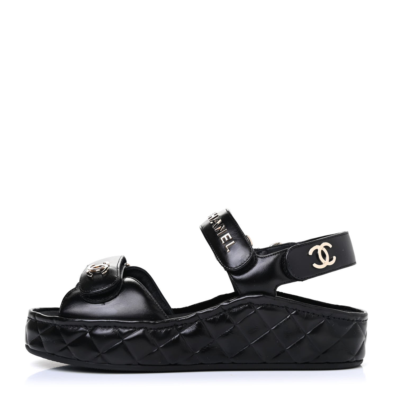 Chanel Shiny Calfskin Logo Platform Sandals 37 Black 1 of 4