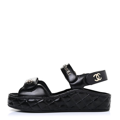 Chanel Shiny Calfskin Logo Platform Sandals 37 Black 1 of 4
