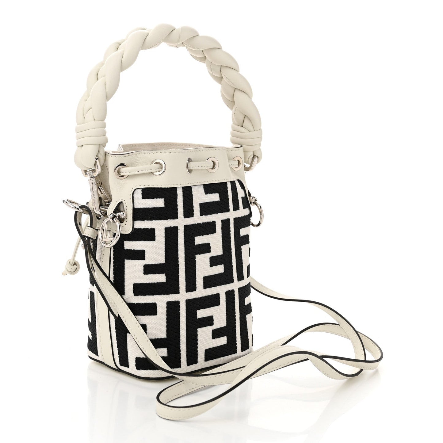Canvas Nappa F is FF Embroidered Mini Mon Tresor Bucket Bag White Black