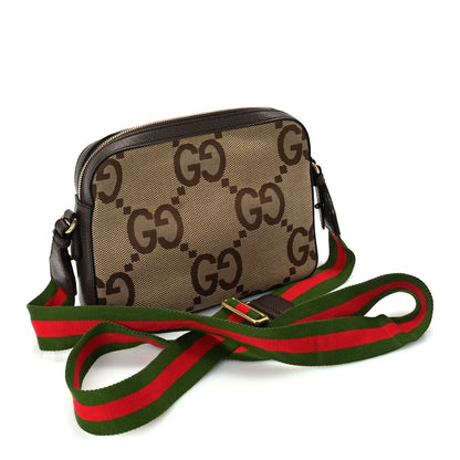 Gucci Monogram Jumbo GG Textured Dollar Calfskin Web Messenger Shoulder Bag Camel Ebony New Acero 2 of 8