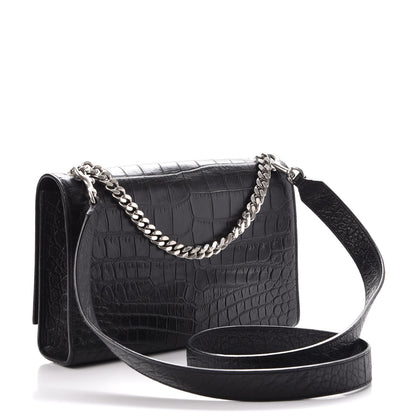 Saint Laurent Calfskin Crocodile Embossed Medium Classic Monogram Kate Double Handle Satchel Black 3 of 7