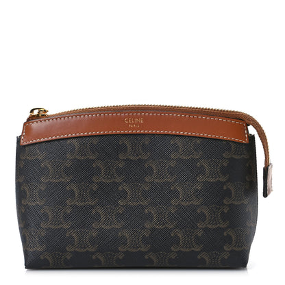 Celine Triomphe Canvas Calfskin Cosmetic Pouch Tan 1 of 7