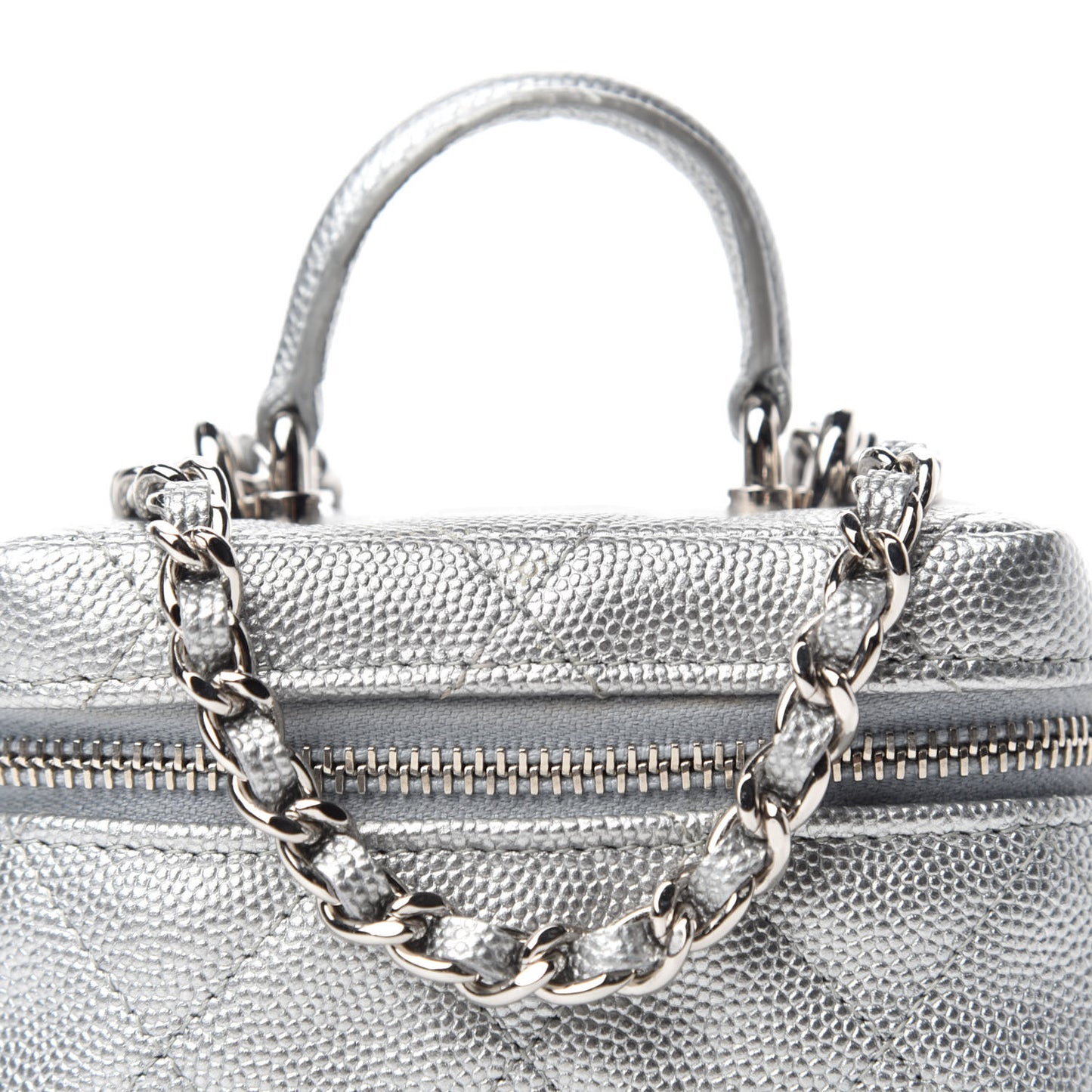 Metallic Caviar Quilted Mini Top Handle Vanity With Chain Silver