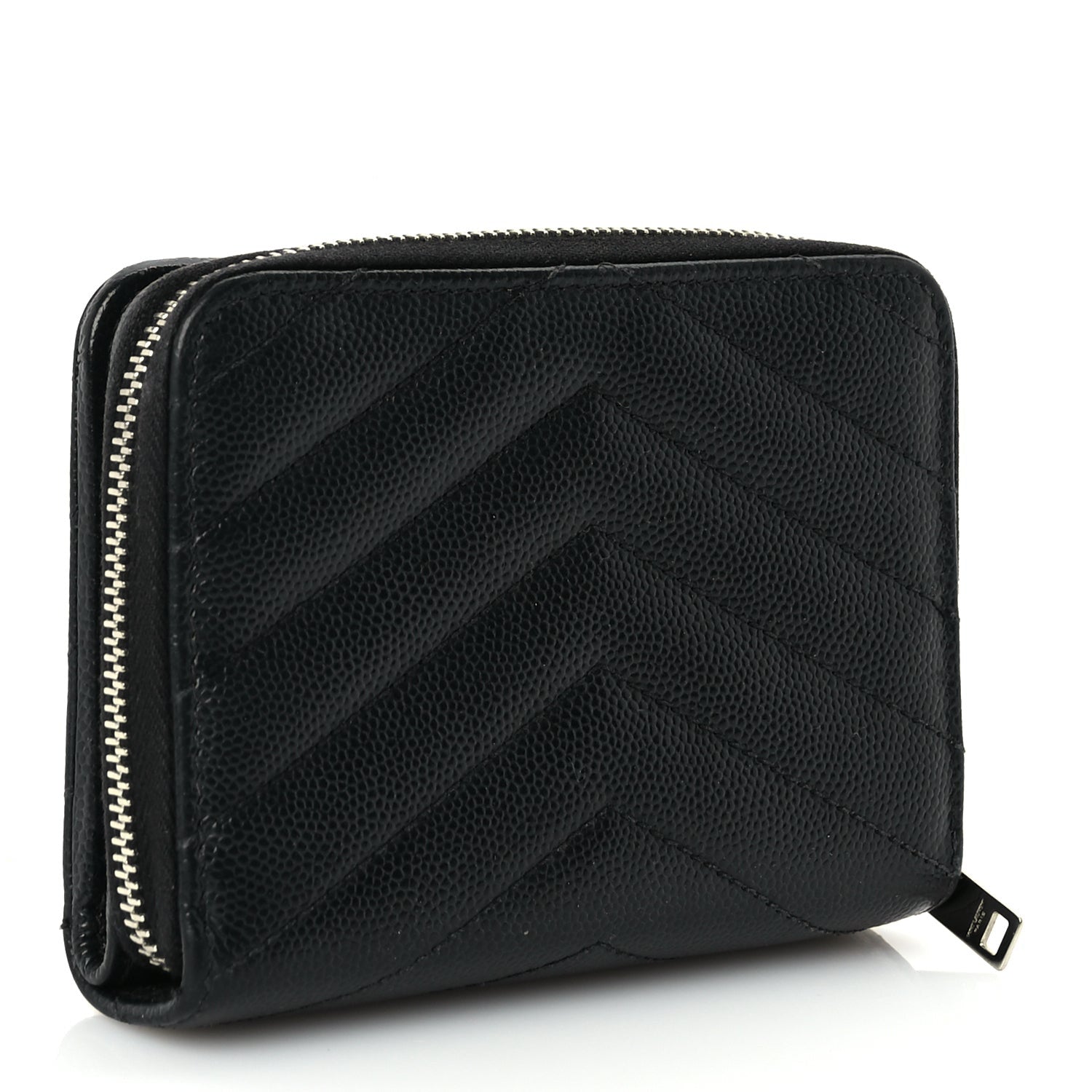 Saint Laurent Grain De Poudre Matelasse Chevron Monogram Compact Zip Around Wallet  Black 3 of 7