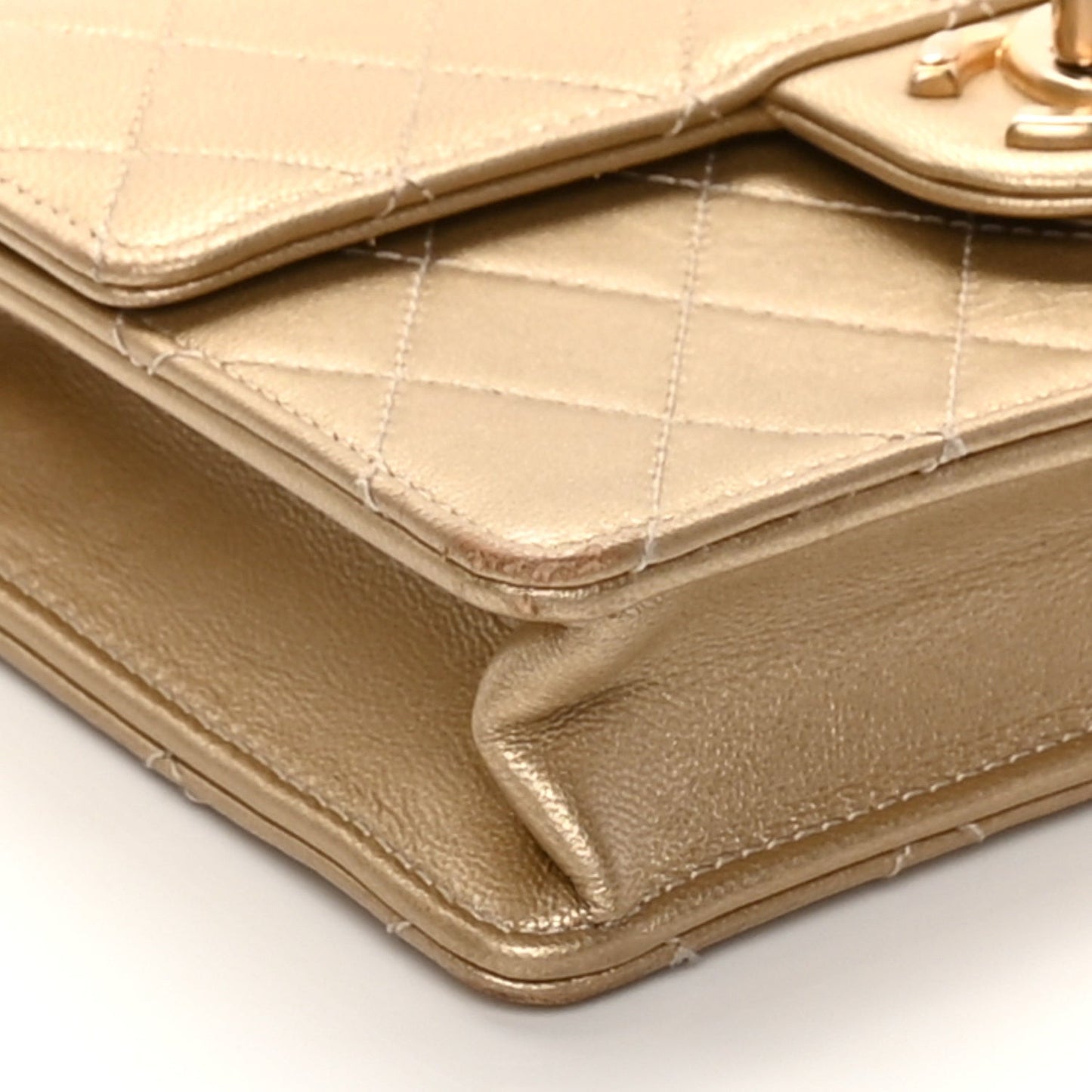 Metallic Lambskin Quilted Small Chic Pearls Flap Gold