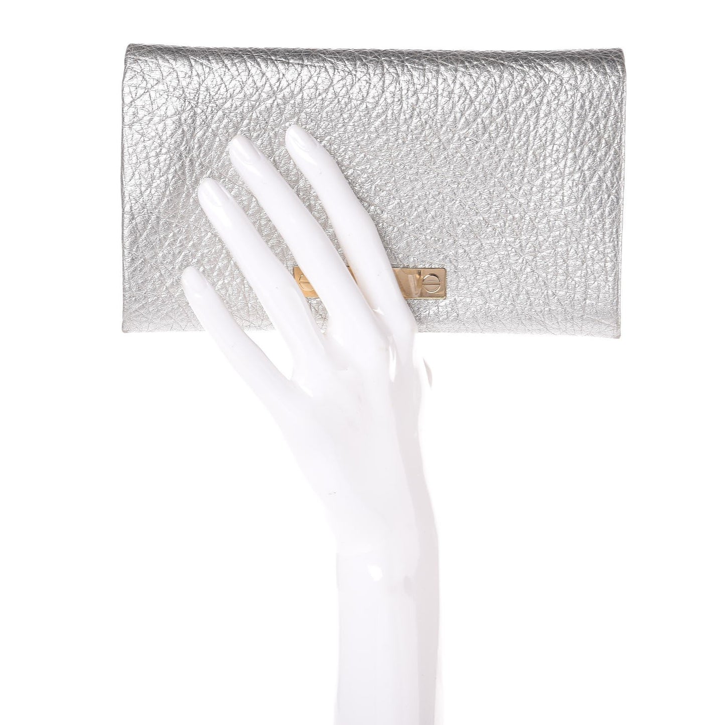 Metallic Grained Calfskin Clutch Wallet Silver