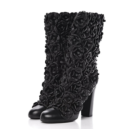 Chanel Calfskin Camellia Boots 40.5 Black 3 of 9