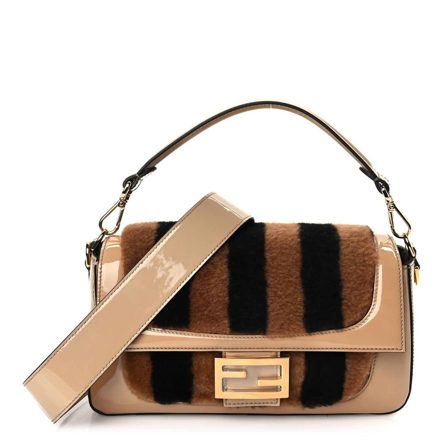 Fendi Shearling Vitello Vernice Mou Pequin Striped Baguette  Tobacco Black Tortora 1 of 8