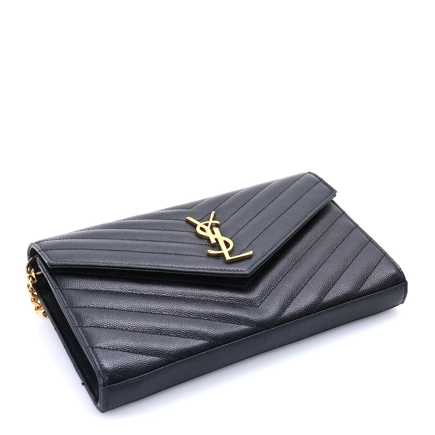 Saint Laurent Grain De Poudre Matelasse Chevron Medium Monogram Chain Wallet  Black 3 of 7
