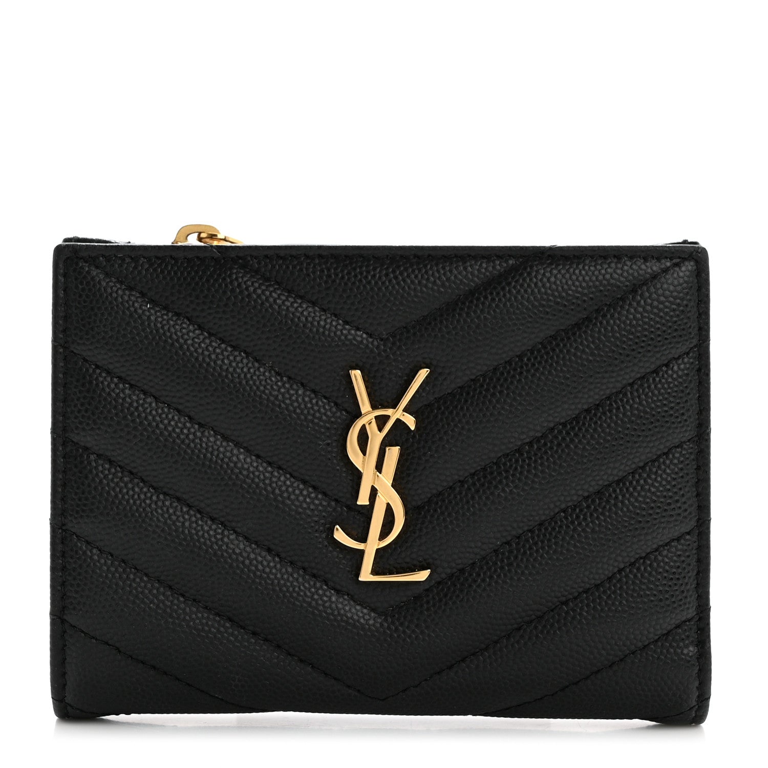 Saint Laurent Grain De Poudre Matelasse Chevron Monogram Zipped Two-Part Wallet Black 1 of 10