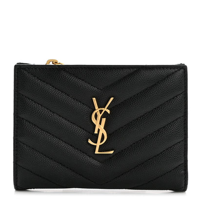 Saint Laurent Grain De Poudre Matelasse Chevron Monogram Zipped Two-Part Wallet Black 1 of 10