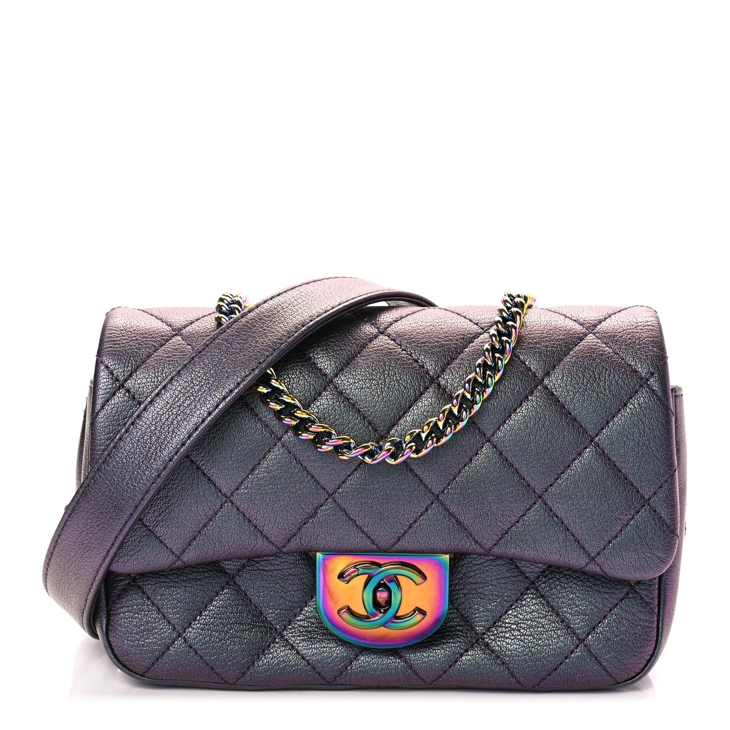 Iridescent Goatskin Quilted Small Double Carry Waist Chain Flap Purple