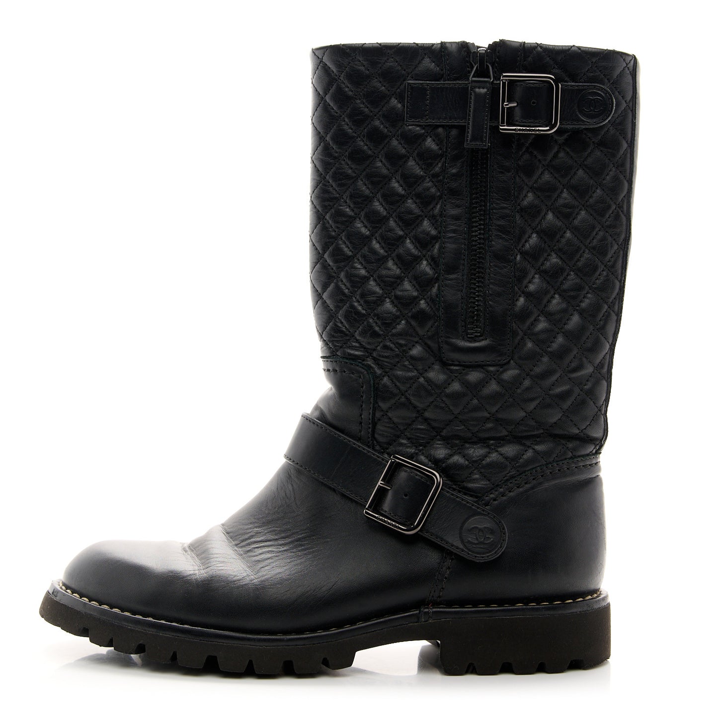 Calfskin Quilted Biker Boots 38.5 Black